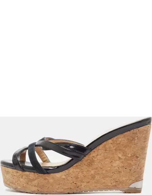 Jimmy Choo Black Leather and Suede Strappy Cork Wedge Slide Sandal