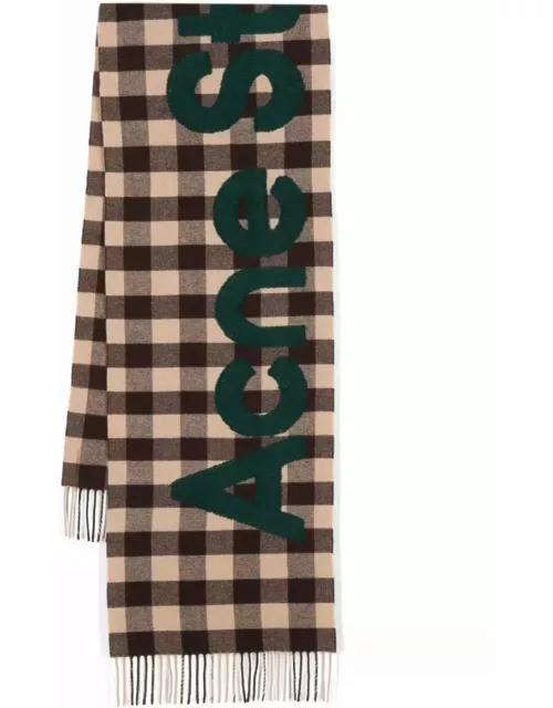 Logo-patch checked wool scarf