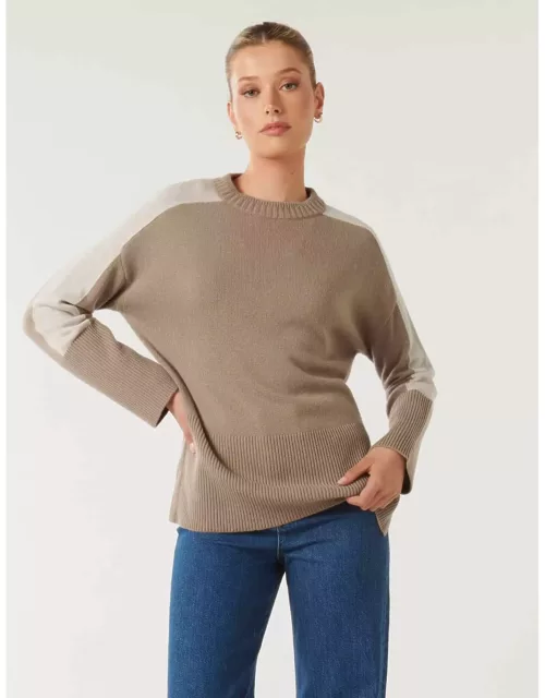 Forever New Women's Bianca Relaxed Longline Crew-Neck Sweater in Mushroom/Stone Colour Block