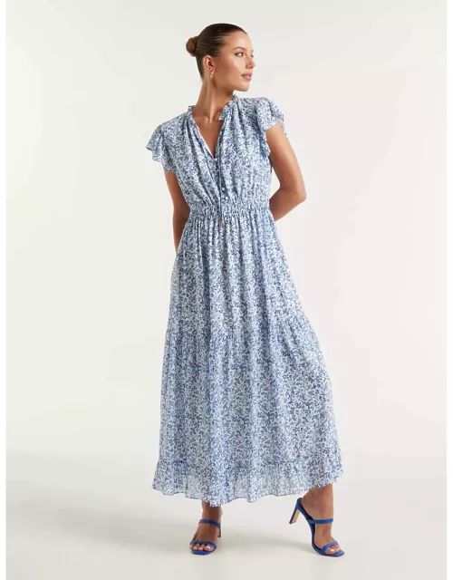 Forever New Women's Fleur Flutter-Sleeve Midi Dress in Blue Westbury Ditsy