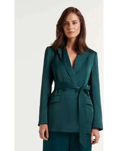 Forever New Women's Alora Satin Belted Blazer Jacket in Reflective Teal Suit