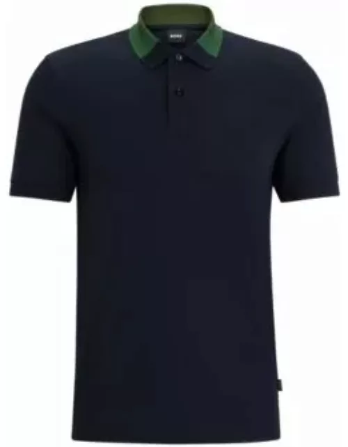 Interlock-cotton slim-fit polo shirt with colour-blocked collar- Dark Blue Men's Polo Shirt