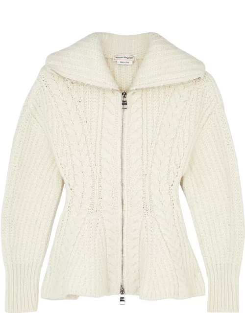 Alexander Mcqueen Cable-knit Peplum Wool-blend Cardigan - Ivory - S (UK8-10 / S)