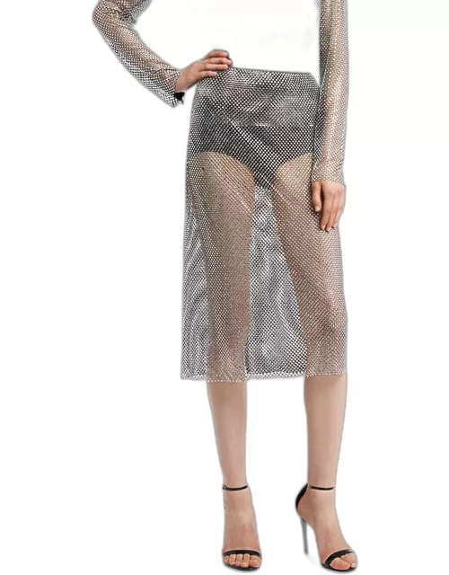 Crystal Embroidered Mesh Midi Skirt