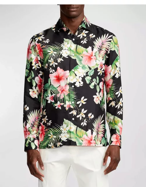 Men's Botanical-Print Silk Twill Shirt