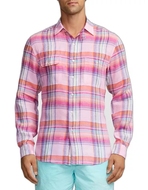 Men's Cassis Plaid Linen Button-Down Shirt