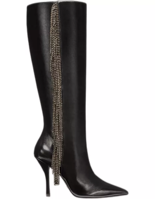 Leather Crystal Fringe Knee Boot