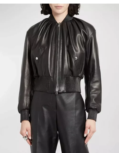 Ruched Leather Crop Bomber Jacket
