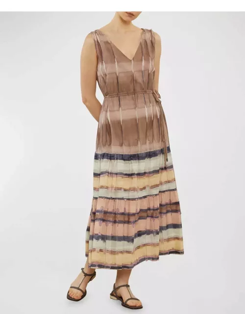 Sleeveless Tiered Watercolor-Print Maxi Dres