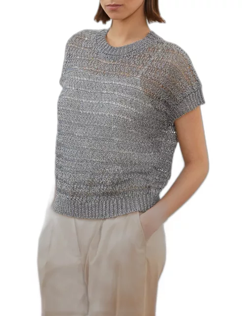 Short-Sleeve Crewneck Open-Stitch Sweater