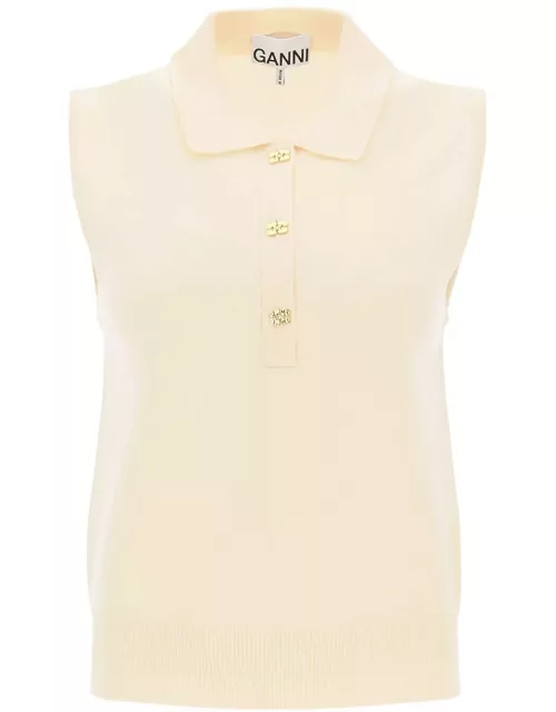 GANNI sleeveless polo shirt in wool and cashmere