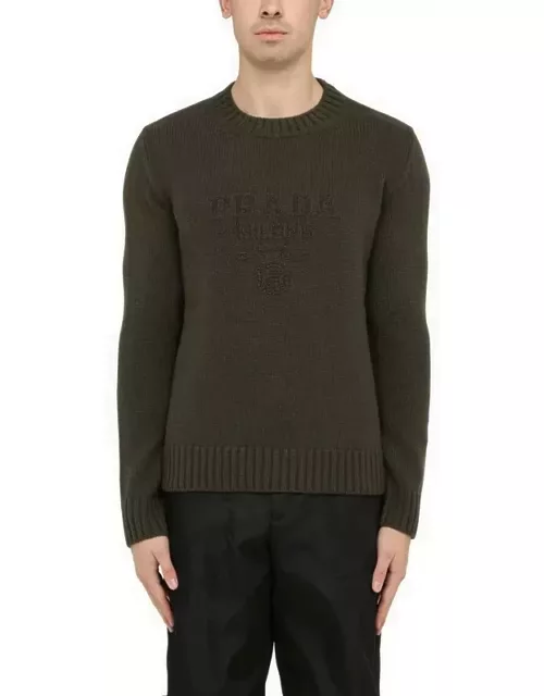 Loden-coloured wool cashmere crew-neck sweater with logo