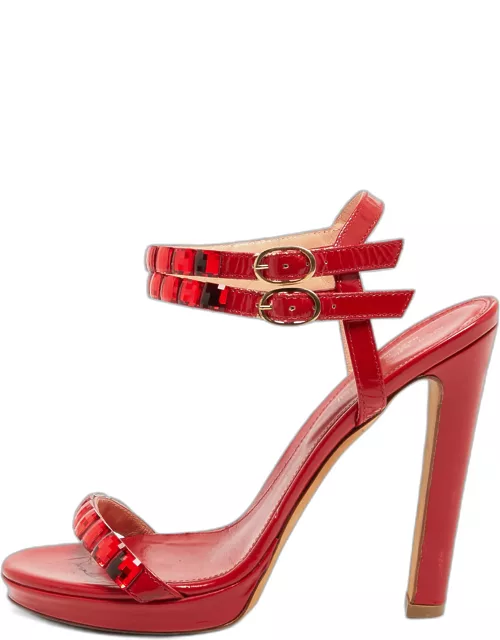 Sergio Rossi Red Leather Crystal Embellished Ankle Strap Sandal