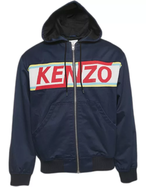 Kenzo Navy Blue Gabardine Logo Detailed Zip Front Hooded Jacket