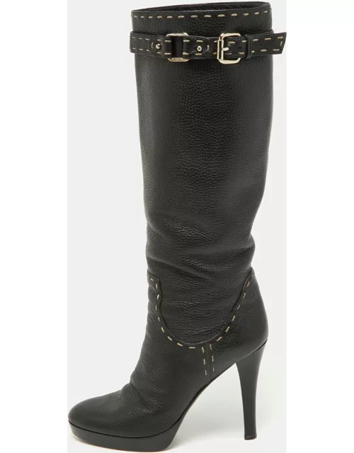 Fendi Black Selleria Leather Knee Length Platform Boot