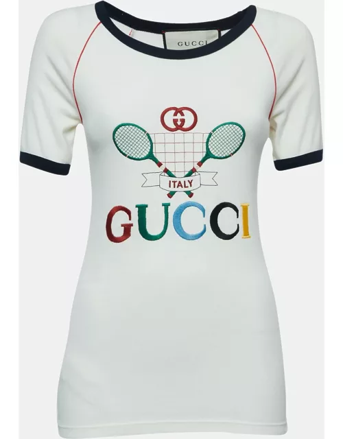 Gucci Cream Logo Tennis Embroidered Cotton Short Sleeve T-Shirt