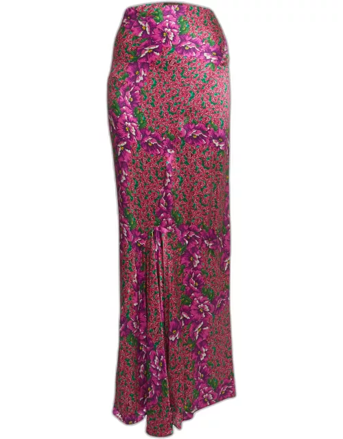 Roberto Cavalli Pink Floral Print Satin Silk Ruffled Maxi Skirt
