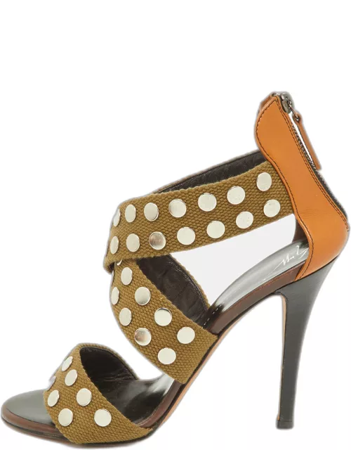 Giuseppe Zanotti Olive Green/Brown Canvas and Leather Studded Strappy Sandal