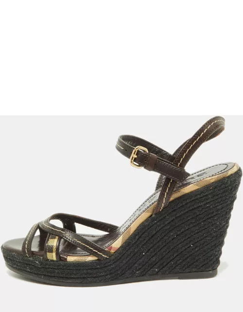 Burberry Dark Brown/Beige Check PVC and Leather Espadrille Wedge Sandal