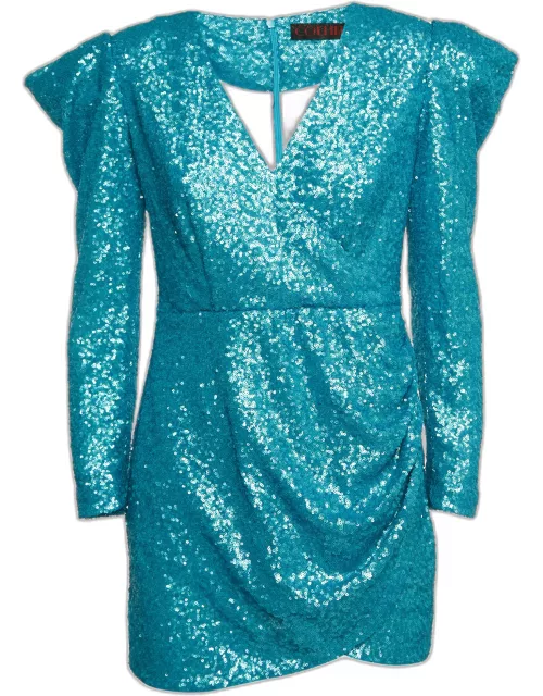 Collini Blue Sequin Draped Long Sleeve Mini Dress