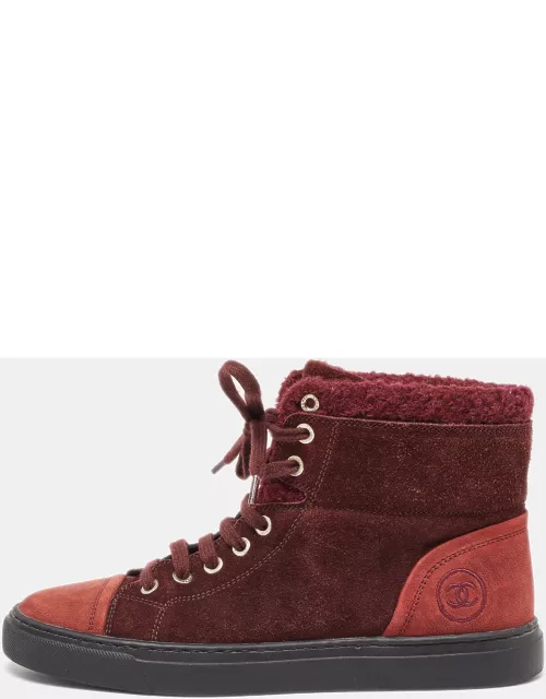 Chanel Burgundy Suede and Wool Trim CC High Top Sneaker