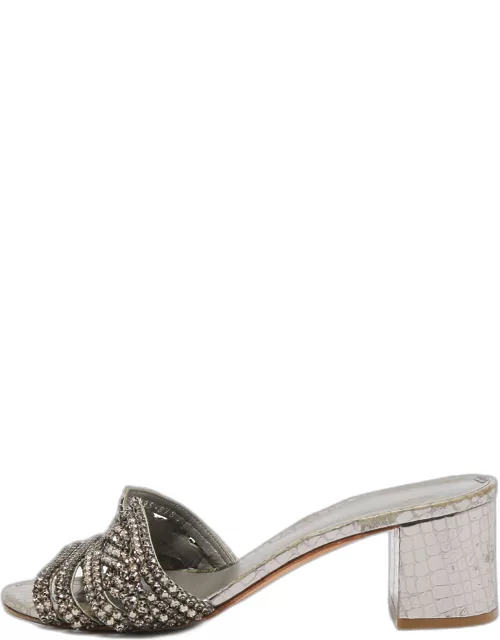 Gina Metallic Grey Crystal Embellished Leather Slide Sandal