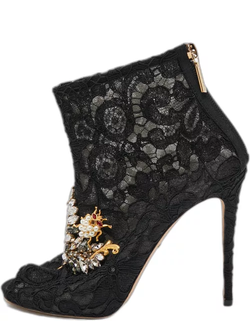 Dolce & Gabbana Black Lace Crystal Embellished Peep Toe Bootie