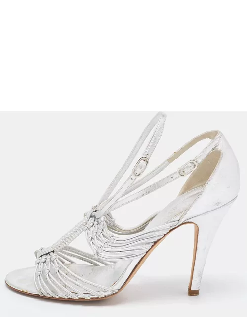 Chanel Silver Knotted Leather CC Ankle Strap Sandals 38