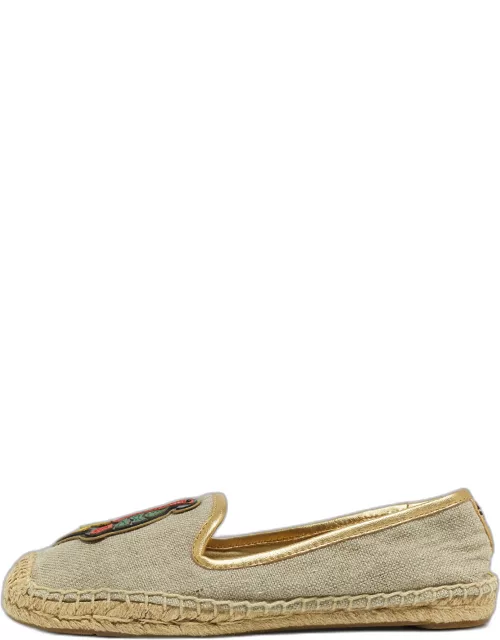 Tory Burch Beige/Metallic Leather and Canvas Trim Parrot Espadrilles Flat