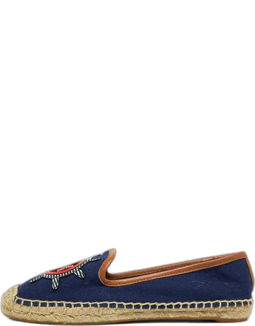 Tory Burch Navy Blue Canvas And Leather Espadrilles Flat