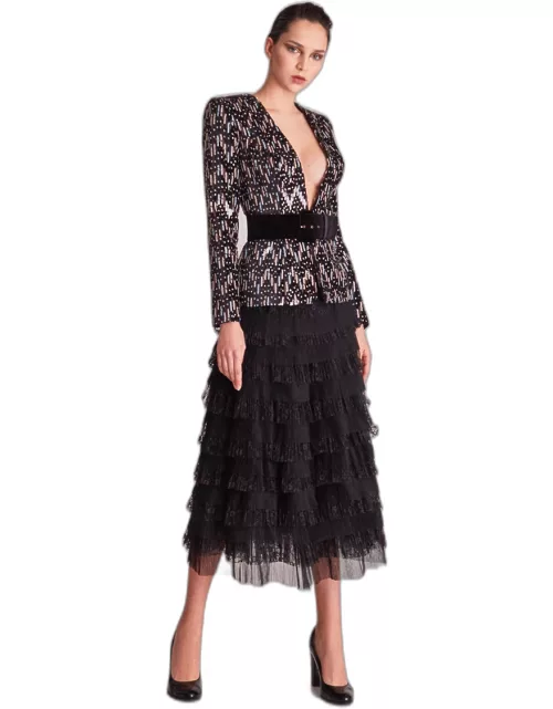 Gatti Nolli by Marwan Long Sleeve Embellished Top and Tiered Skirt
