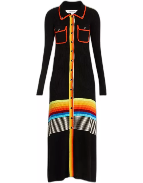 Ribbed Stripe Polo Dress with Patch Pocket
