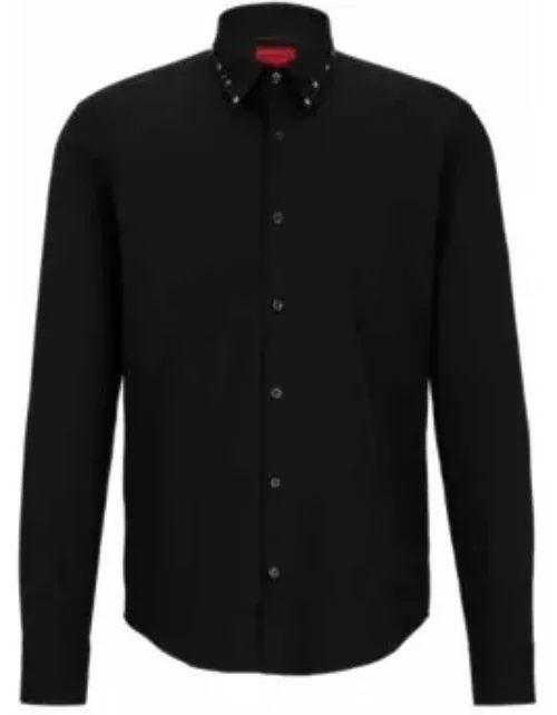Slim-fit shirt in stretch cotton with studded collar- Black Men's Shirt