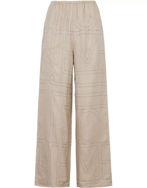 Totême Logo-embroidered Flannel Trousers - Beige