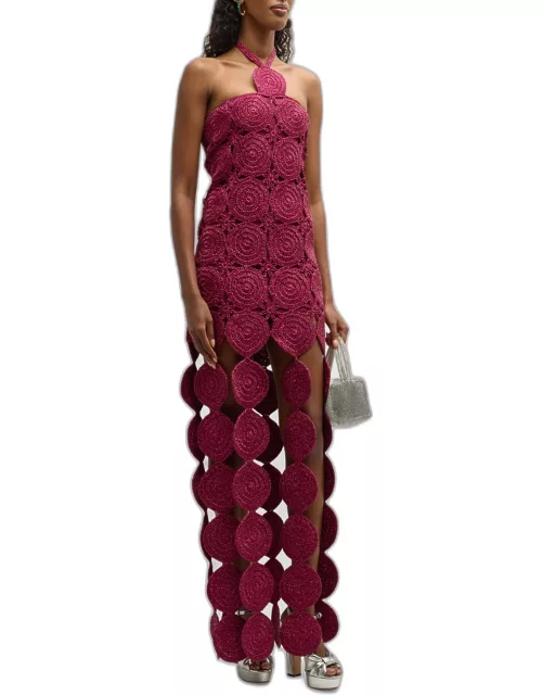 Beep Beep Lurex Crochet Cutout Halter Maxi Dres