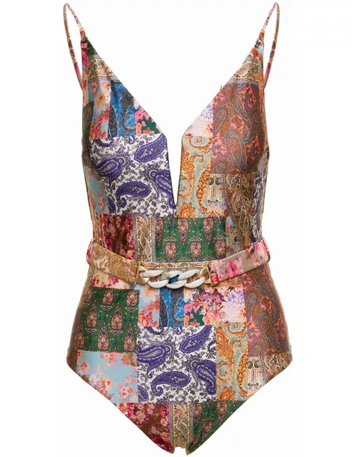 Zimmermann Multicolor Swimsuit With All-over Paisley Motif And Belt In Stretch Polyamide Woman