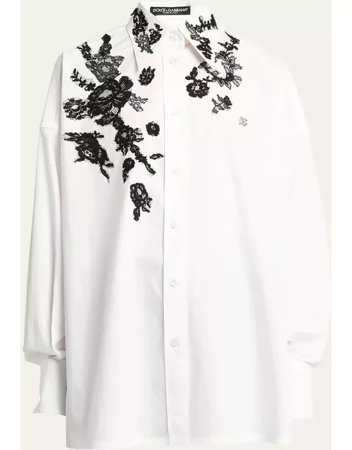 Poplin Button-Front Shirt with Floral Lace Detai