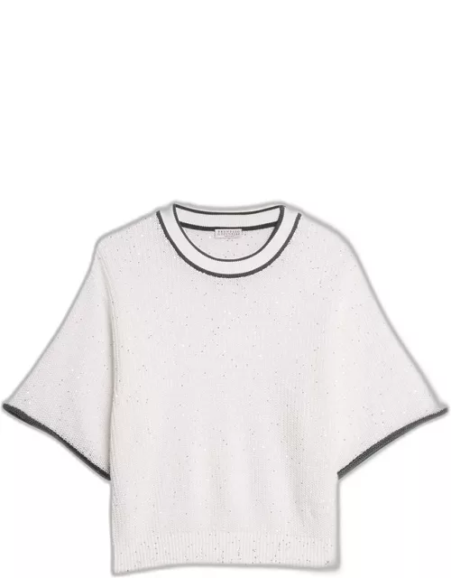 Contrast Varsity Stripe Short-Sleeve Linen Paillette Knit Sweater