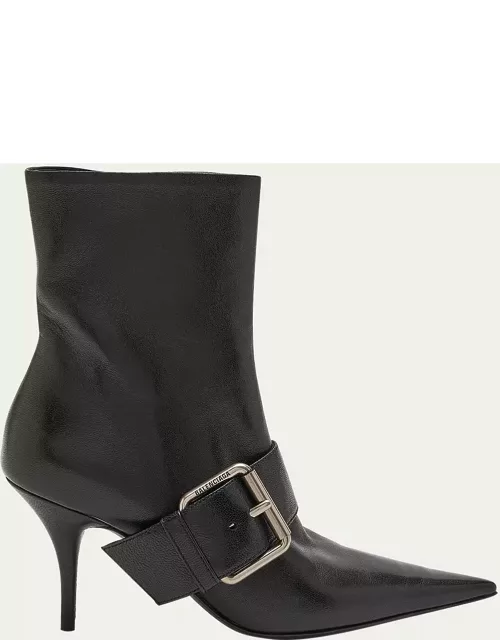 Leather Buckle Stiletto Ankle Bootie