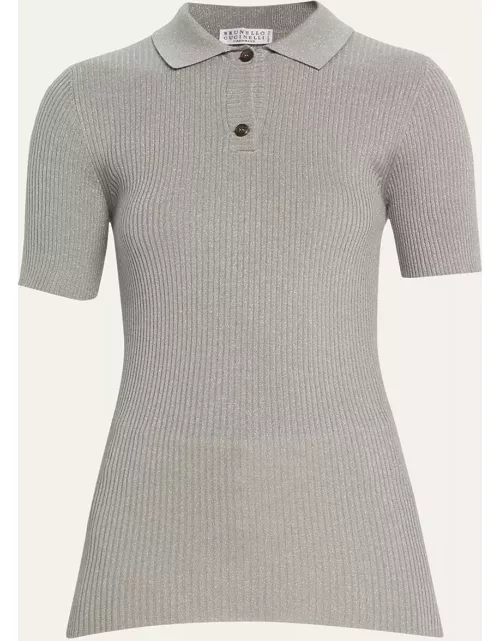 Metallic Rib Knit Short-Sleeve Polo Sweater