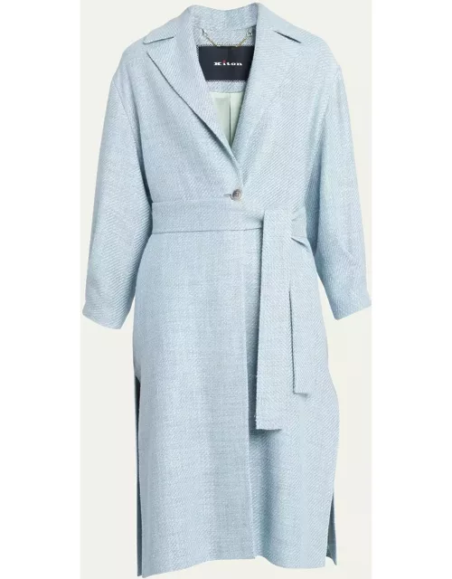 One-Button Belted Silk Linen Mid Coat
