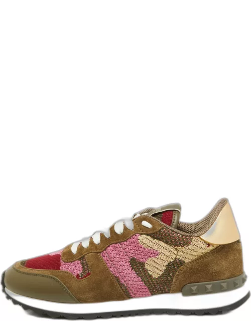 Valentino Multicolor Camo Print Suede Leather and Knit Fabric Rockrunner Sneaker