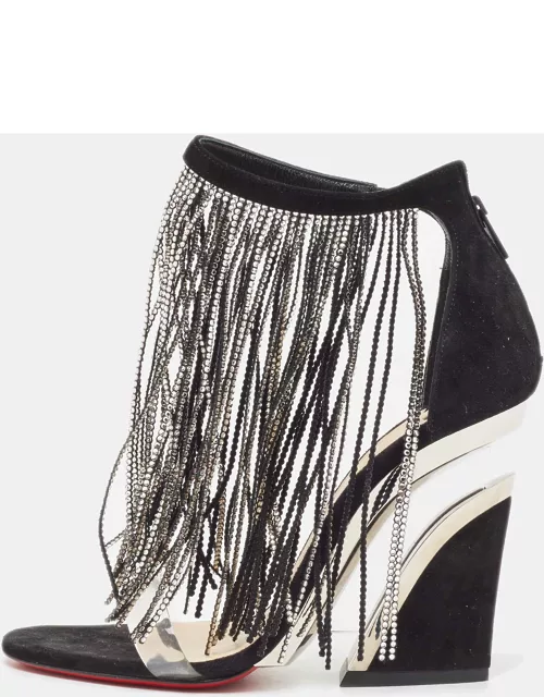 Christian Louboutin Black Suede Crystal Embellished Fringe Ankle Strap Sandal