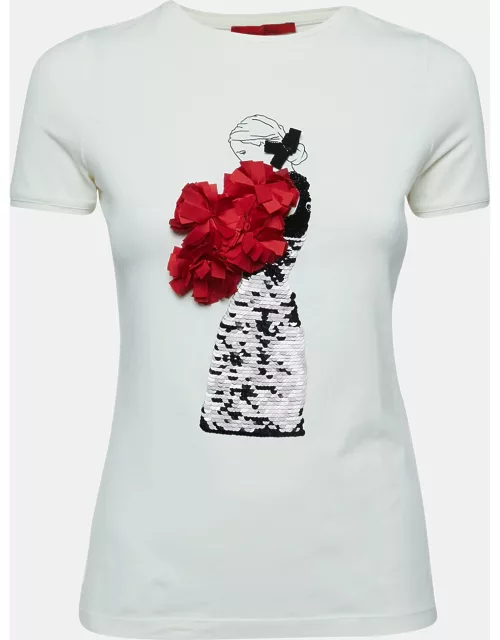 CH Carolina Herrera Cream Cotton Sequin Detailed Short Sleeve T-Shirt