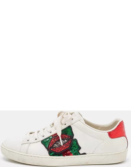 Gucci White Leather Embellished Lip Ace Sneaker