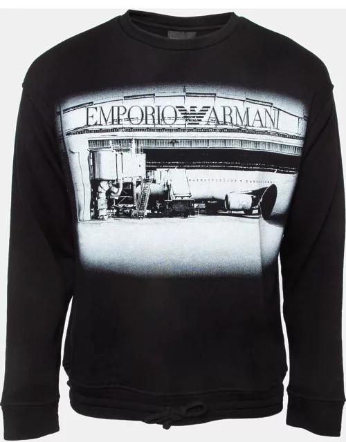 Emporio Armani Black Logo Digital Print Cotton Drawstring Waist Sweatshirt