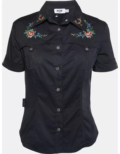Moschino Jeans Black Cotton Embroidered Detail Button Front Shirt