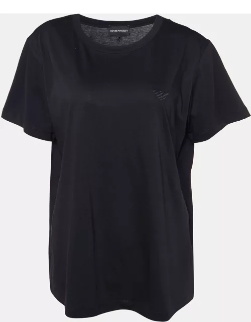 Emporio Armani Black Velour Pattern Cotton Knit T-Shirt