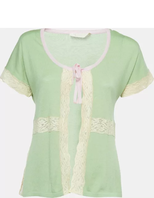 Valentino Green Cashmere Blend Lace Trimmed Short Sleeve Cardigan