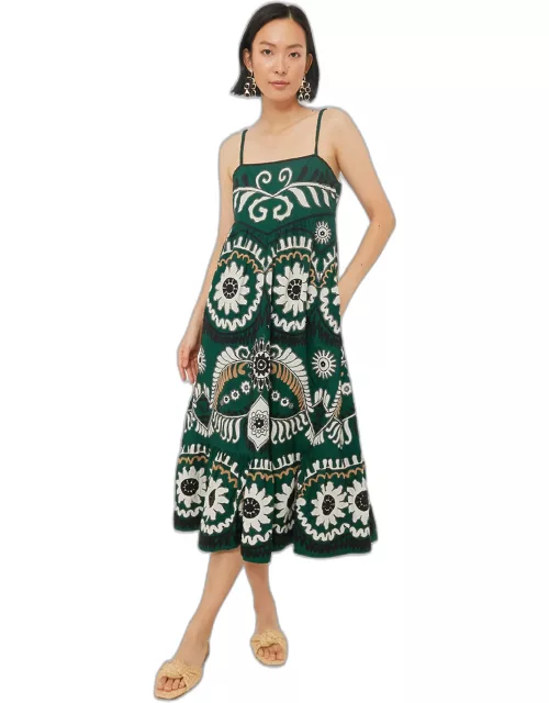 Green Charlough Print Sleeveless Embroidered Dres